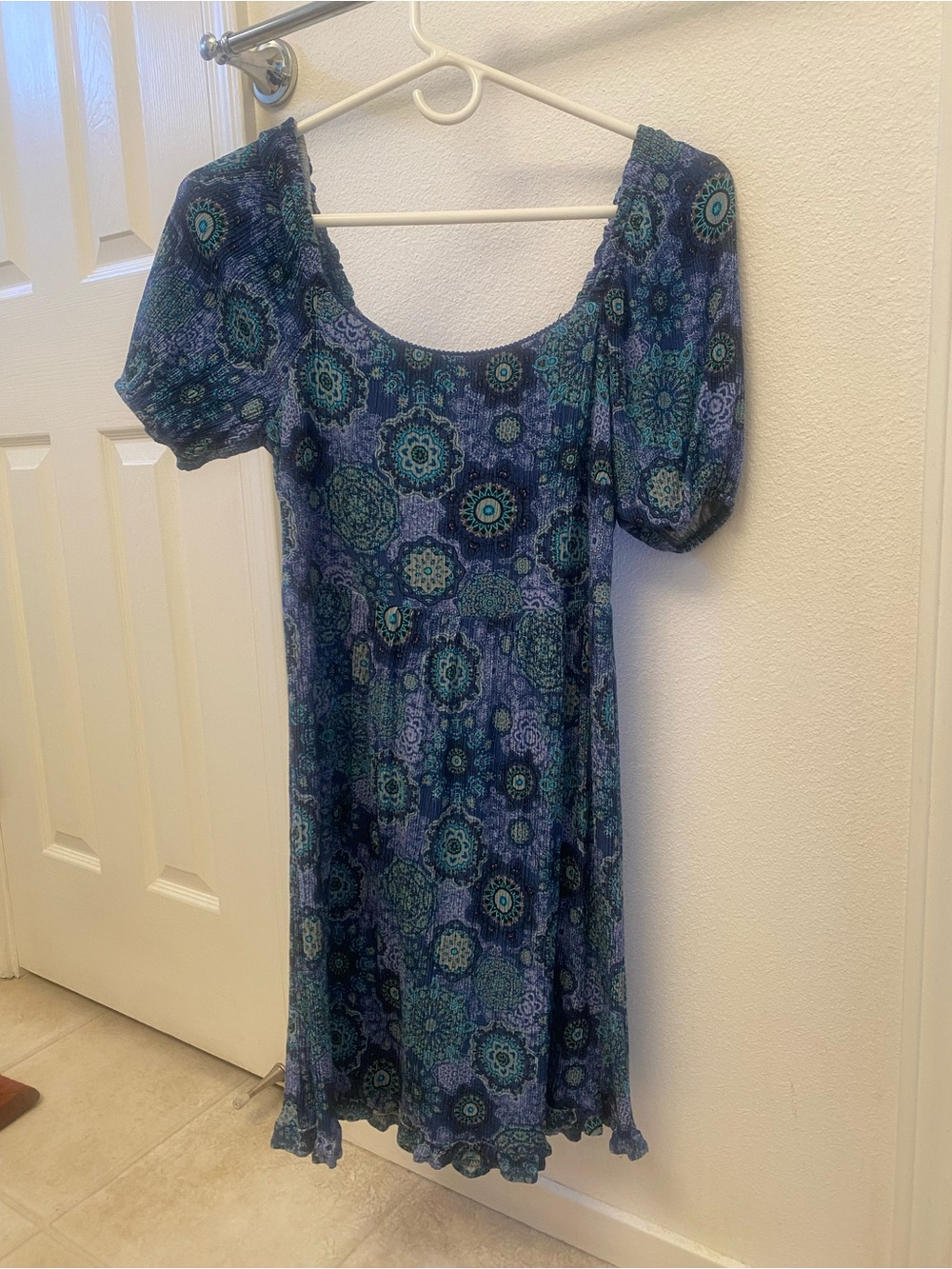 Blue Teal Medallion-Print Puff Sleeve Midi Dress